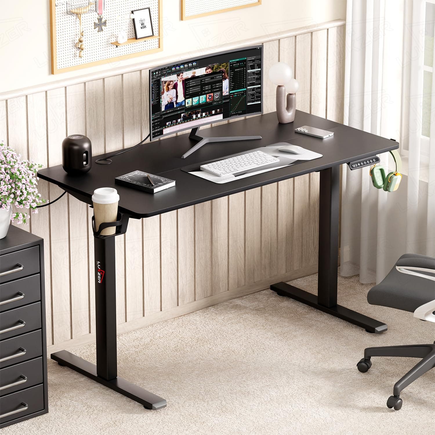 Lukzer Electric Automatic Height Adjustable Sit Stand Desk | Black Frame Black Top | Ergonomic Study Table with Digital Display & Memory Preset Option for Home & Office (EST-003/70 x 110 x 60cm)
