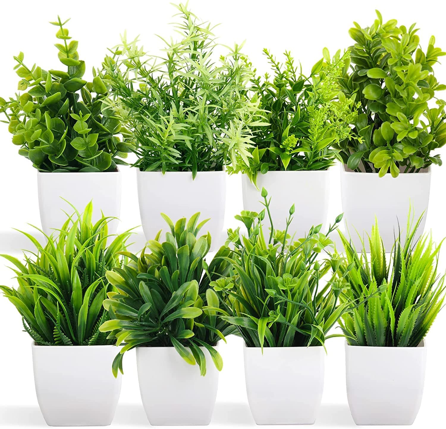 Dekorly Artificial Potted Plants, Artificial Plastic Eucalyptus Plants Small Indoor Potted Houseplants, Small Faux Plants for Home Decor Bathroom Office Farmhouse (Set 0F 8)