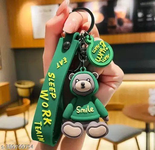 Cute 3D Silicone Green Teddy Bear Keychain & Keyring with Strap & Charm